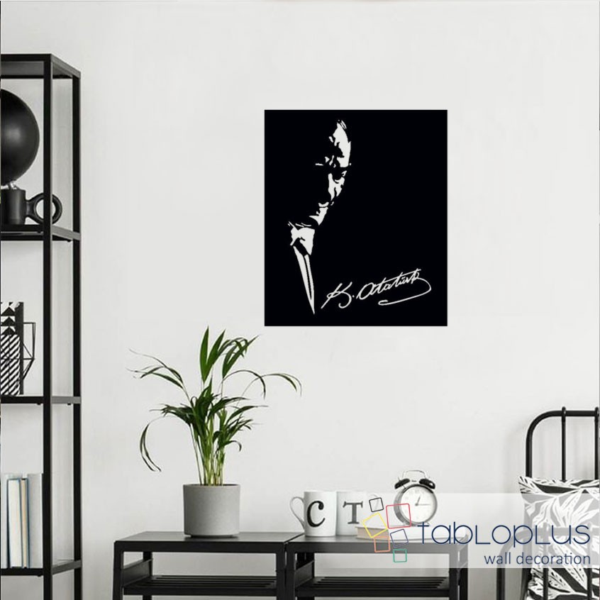 Siyah Atatürk ve İmzası Metal Tablo