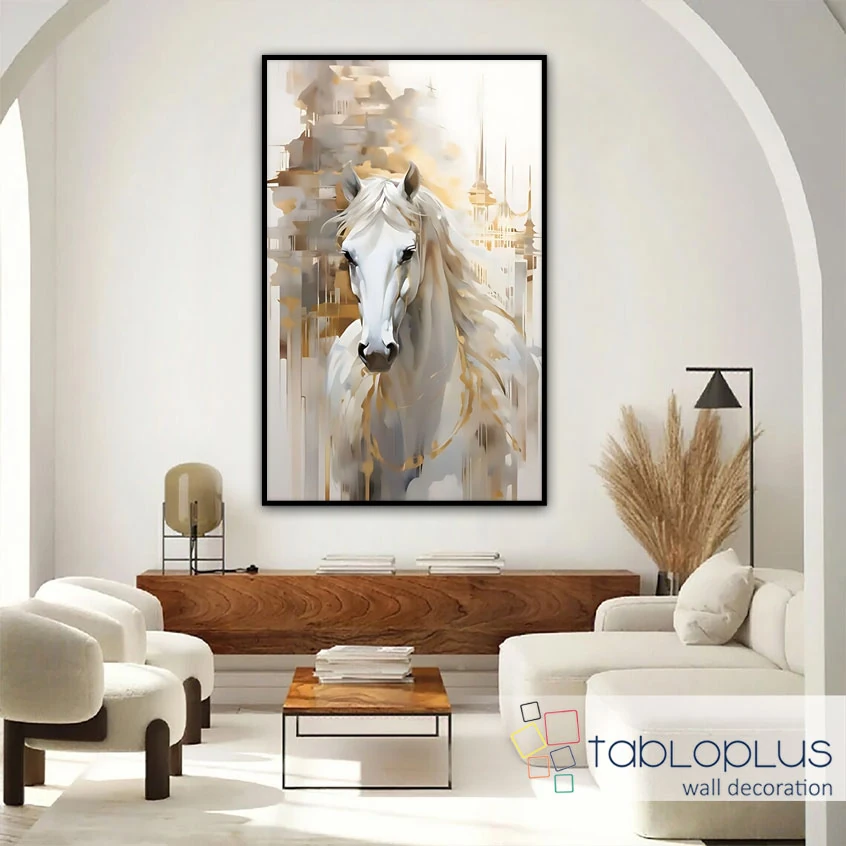 Altın Ufukta At Yağlı Boya Dokulu Tablo