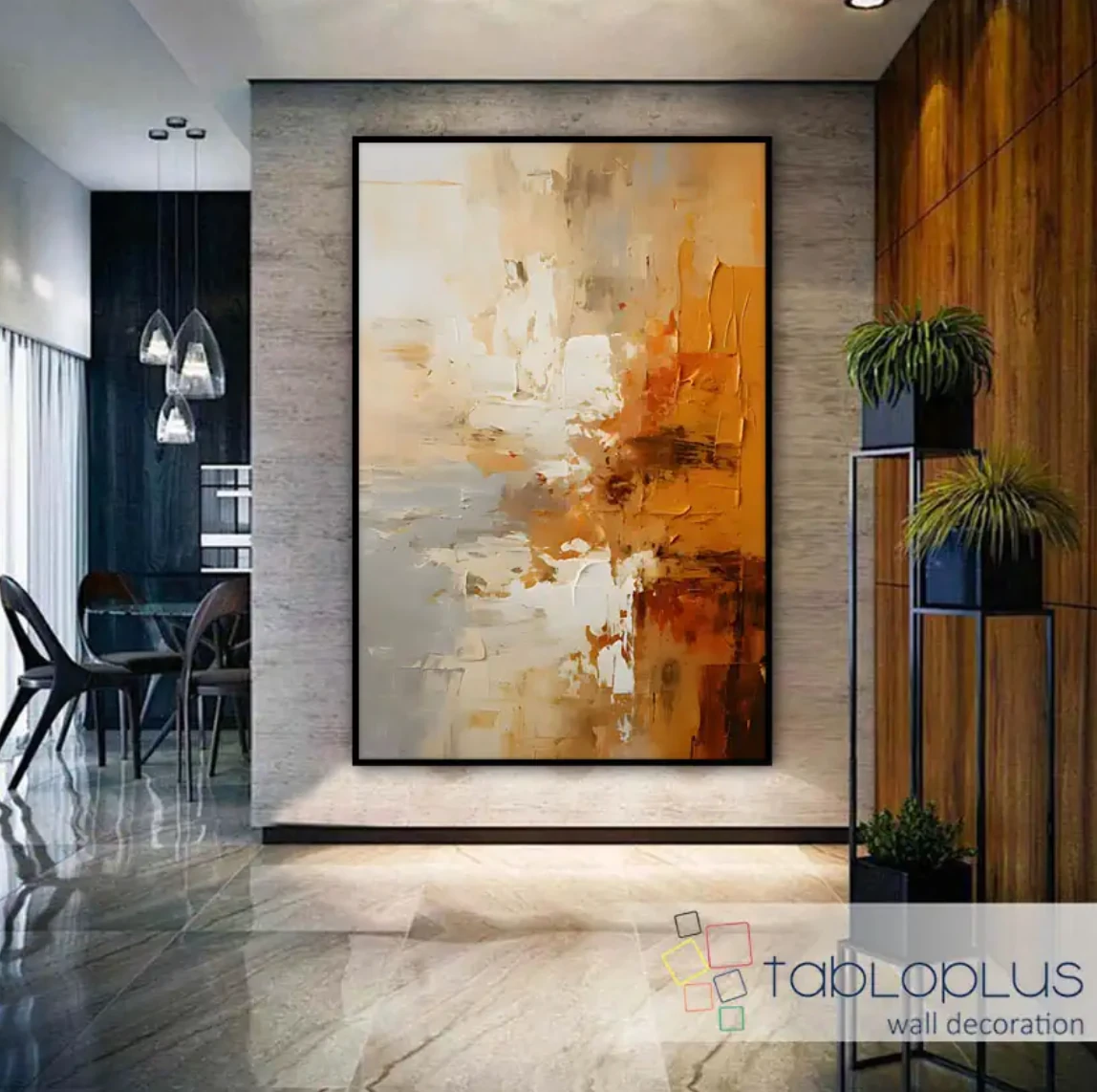 Turuncu Bej Soyut Yağlı Boya Dokulu Tablo