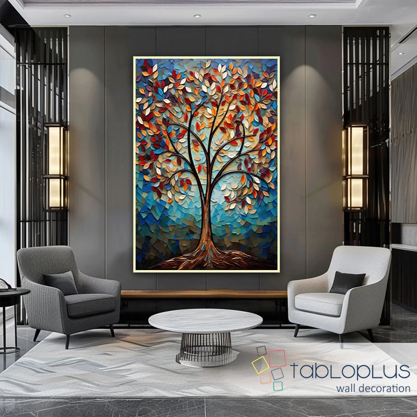 Renkli Hayat Ağacı 3d Yoğun Yağlı Boya Dokulu Tablo