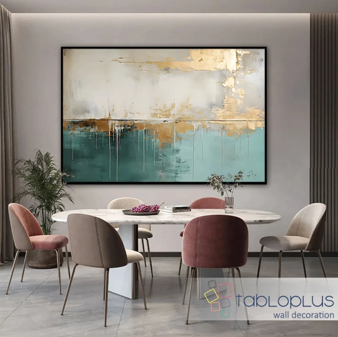 Gold Varaklı Su Yeşili Soyut Yağlı Boya Dokulu Tablo