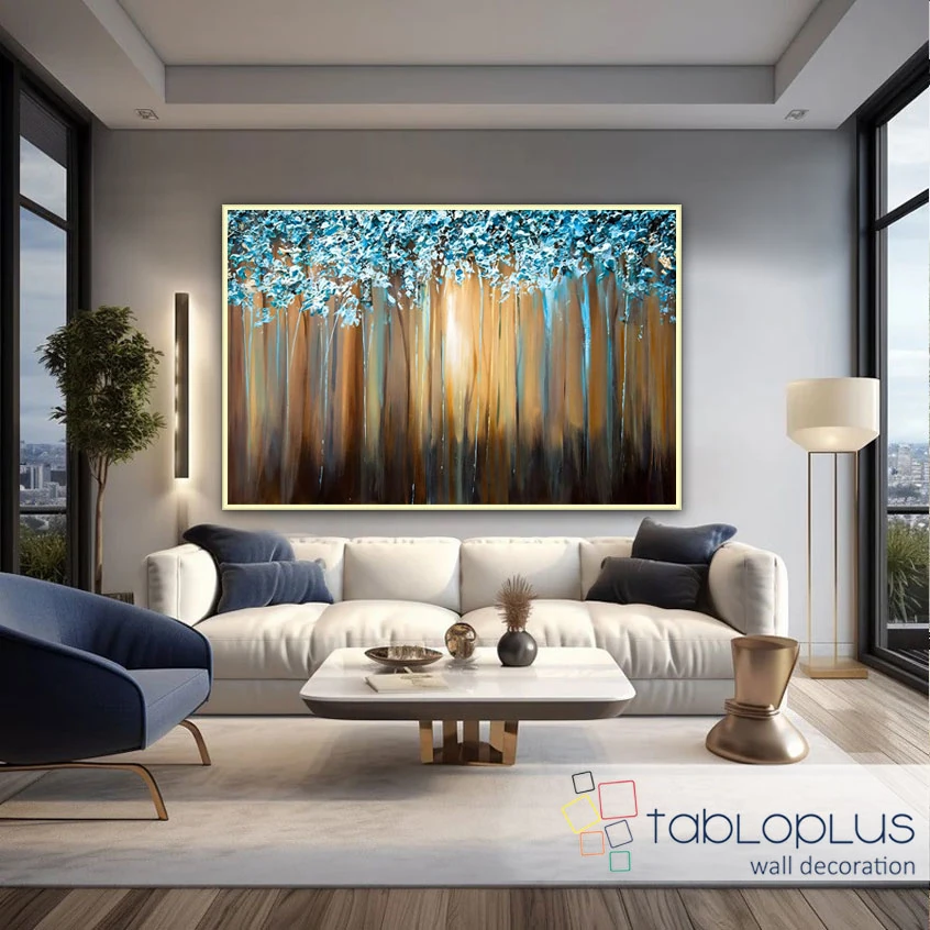 Mavi Orman Işıkları 3d Yoğun Yağlı Boya Dokulu Tablo
