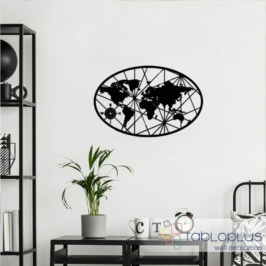 Oval Dünya Haritası Metal Tablo