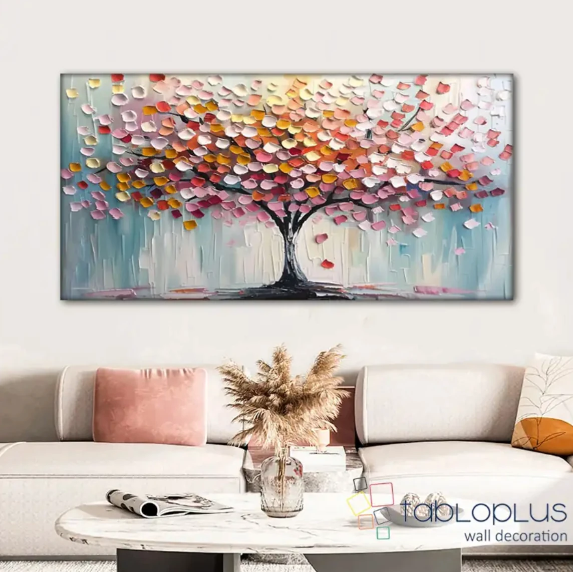 Pembe Çiçekli Ağaç 3d Yoğun Yağlı Boya Dokulu Tablo