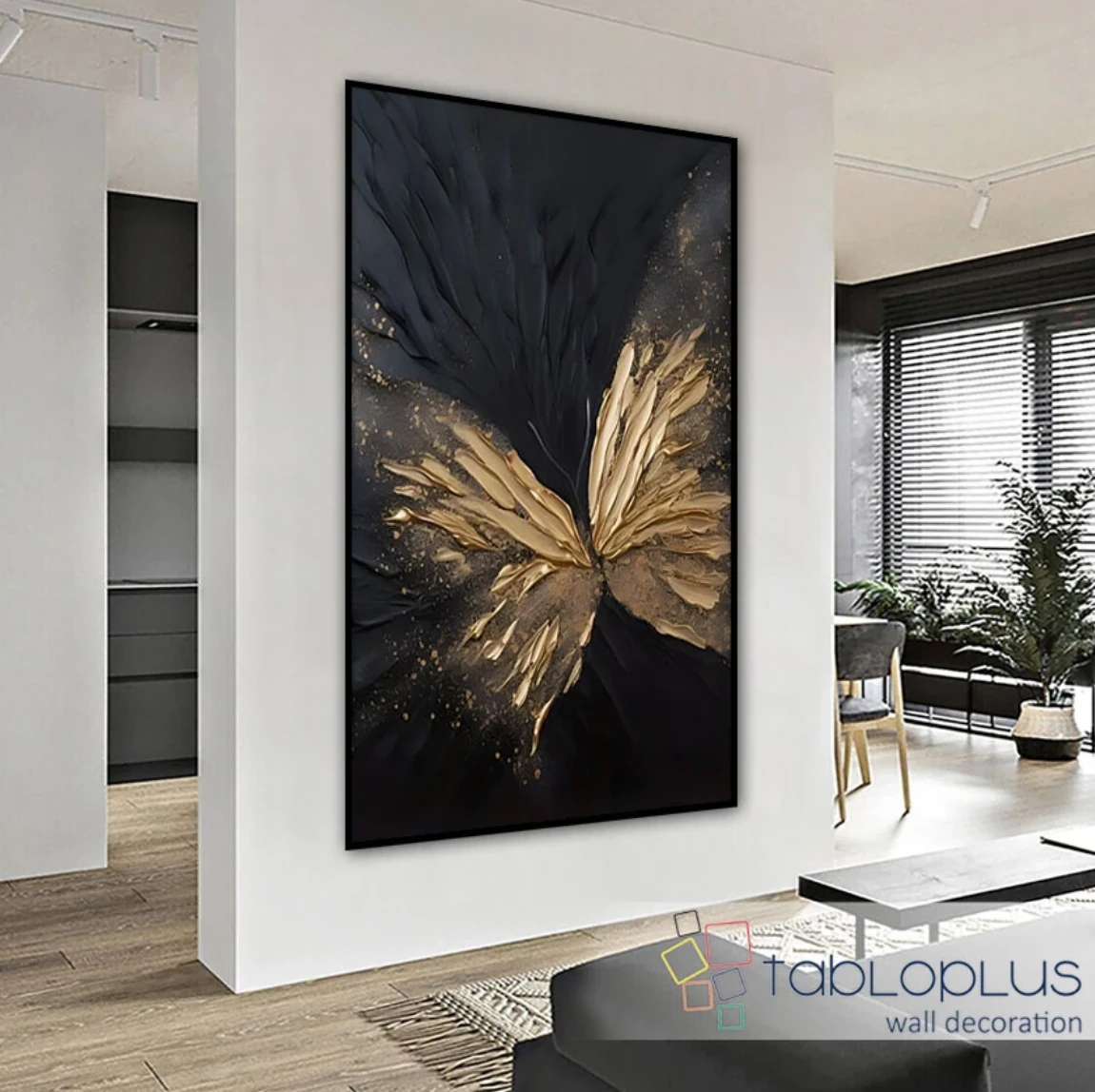 Soyut Altın Varaklı Kelebek 3d Yoğun Yağlı Boya Dokulu Tablo