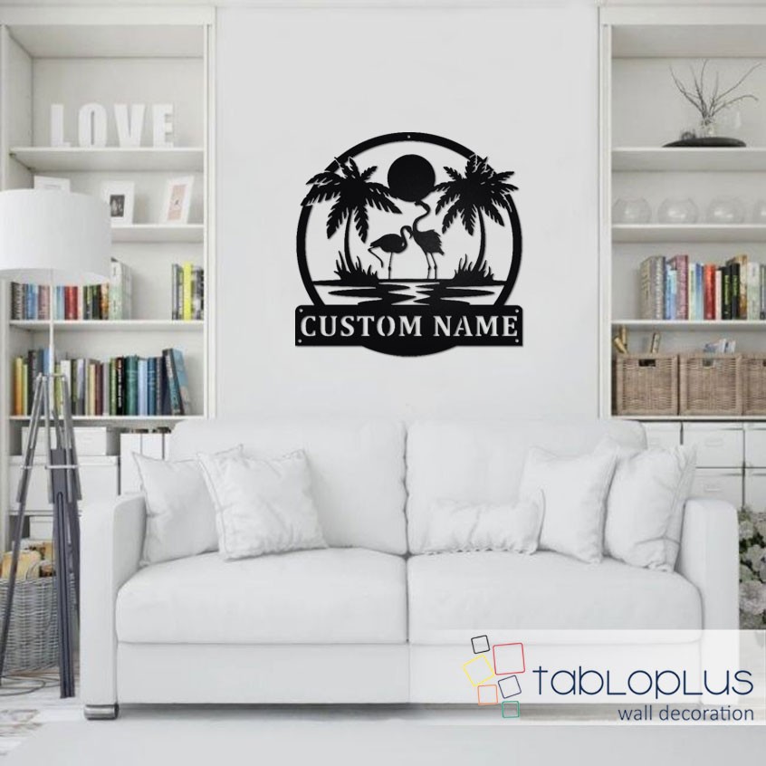 Flamingolar ve Palmiye Metal Tablo