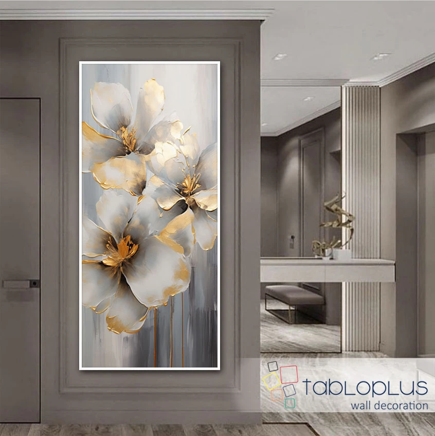 3 Altın Çiçek 3d Yoğun Yağlı Boya Dokulu Tablo