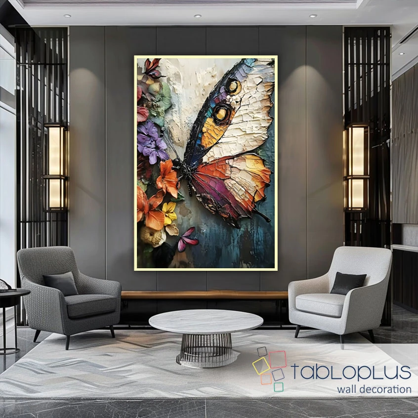 Kelebek ve Çiçekler 3d Yoğun Yağlı Boya Dokulu Tablo