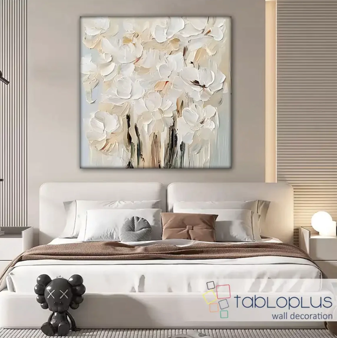 Soyut Beyaz Çiçek Buketi 3d Yoğun Yağlı Boya Dokulu Tablo