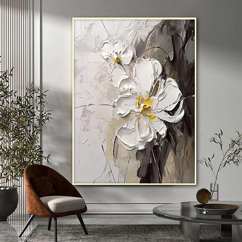 Abstract 2 White Flowers 3d Yoğun Yağlı Boya Dokulu Tablo