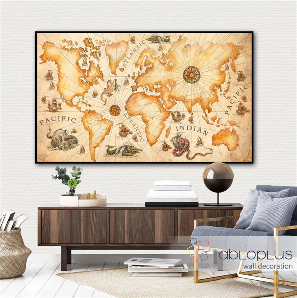 Dünya Haritası ve Yaratıklar Kanvas Tablo