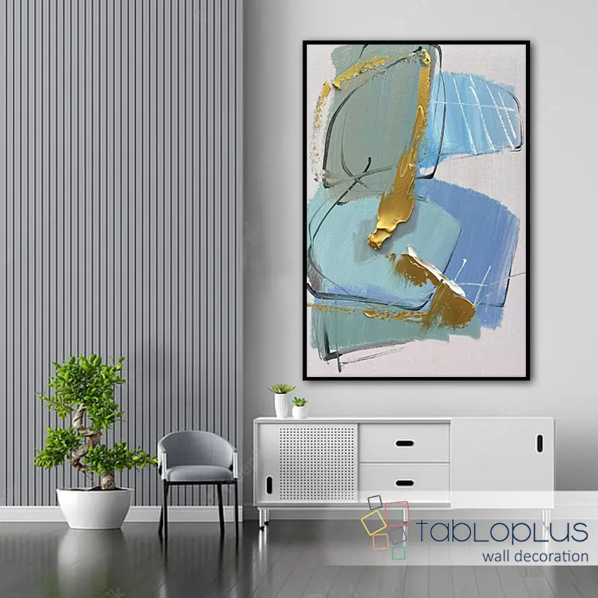 Gold on Blue Yağlı Boya Dokulu Tablo