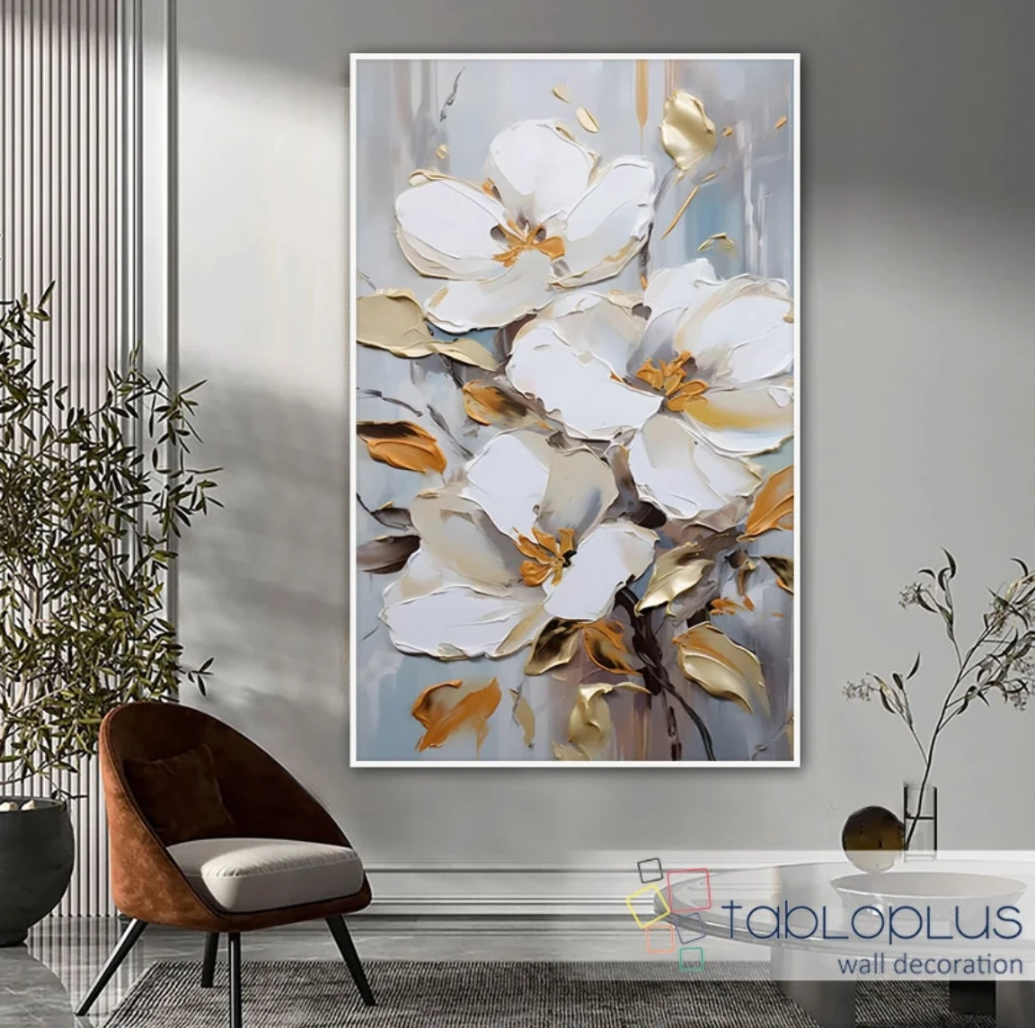 Bakır Yapraklı Beyaz Çiçekler 3d Yoğun Yağlı Boya Dokulu Tablo