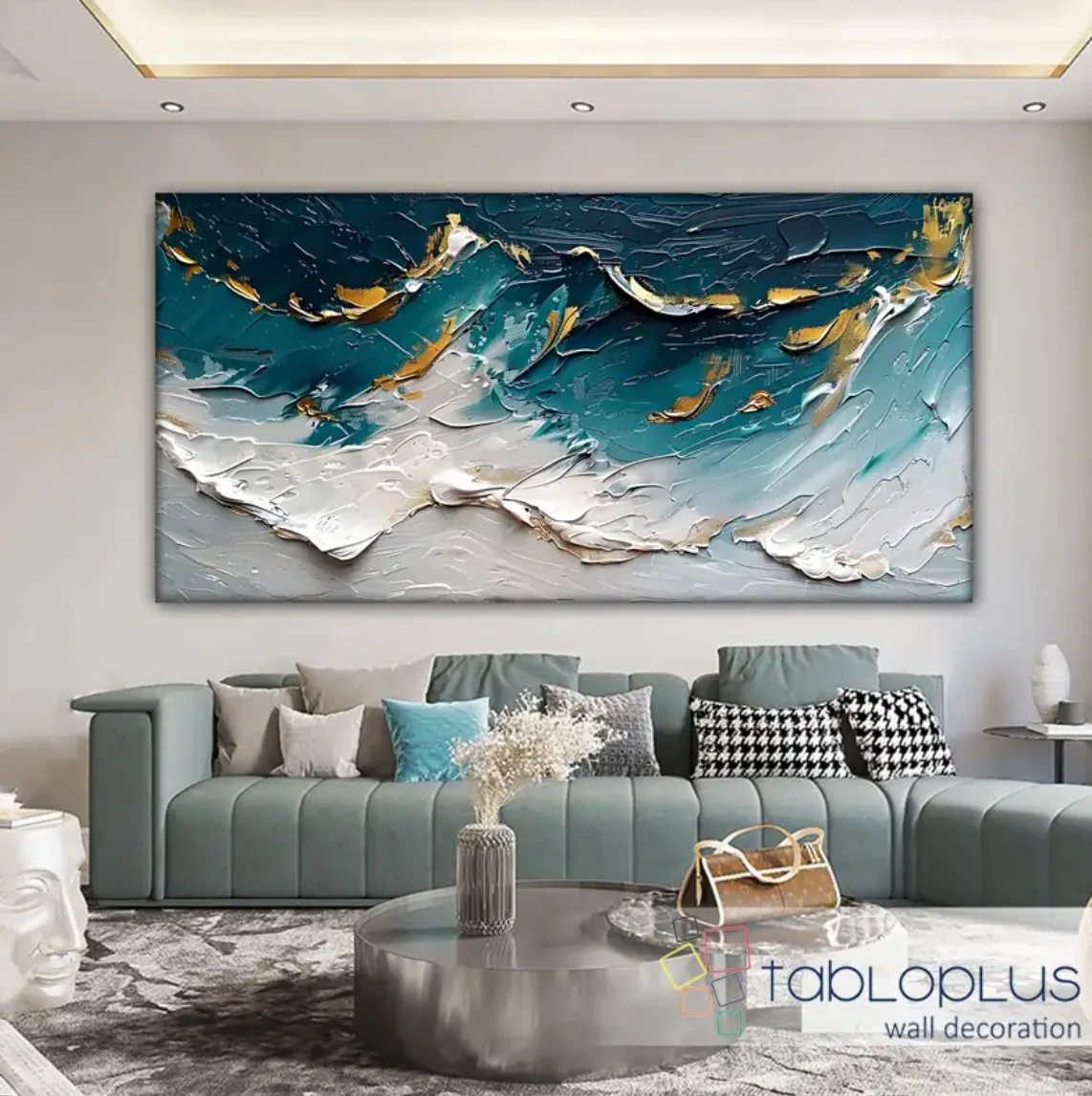 Altın Beyaz Dalgalar 3d Yoğun Yağlı Boya Dokulu Tablo