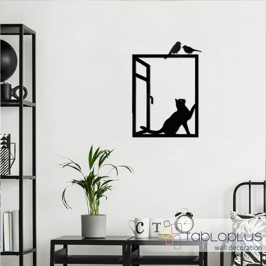 Penceredeki kedi ve Kuşlar Metal Tablo