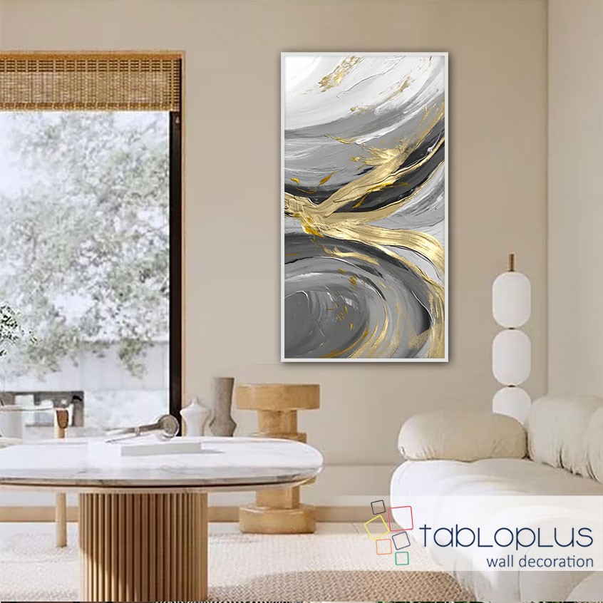 Gold Gri Soyut Yağlı Boya Dokulu Tablo