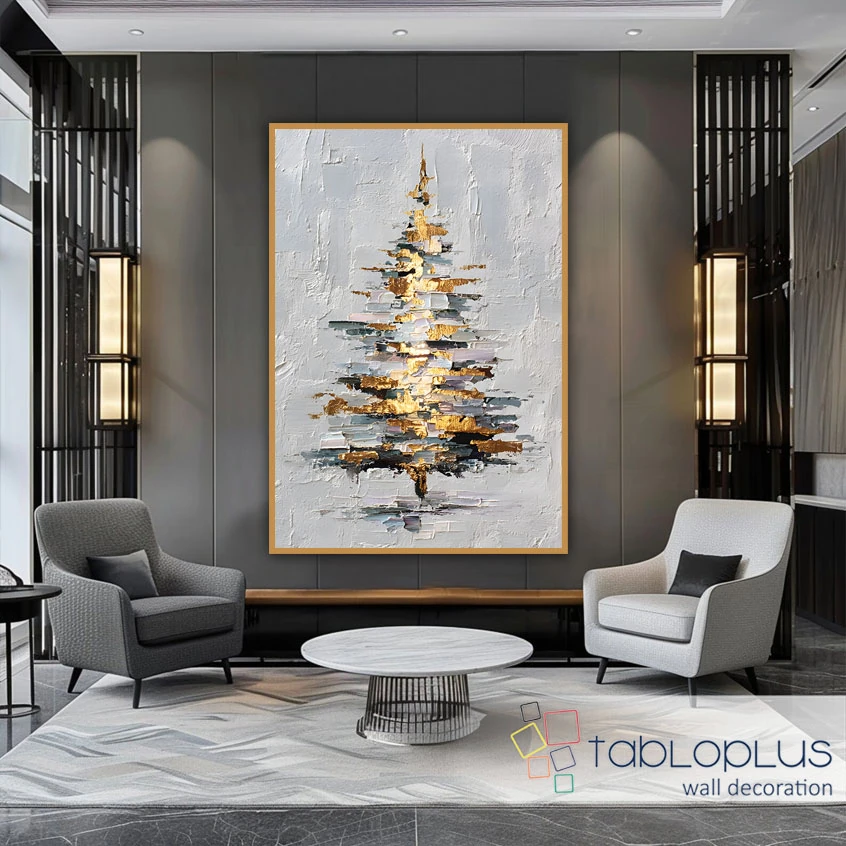 Altın Çam Ağacı 3d Yoğun Yağlı Boya Dokulu Tablo