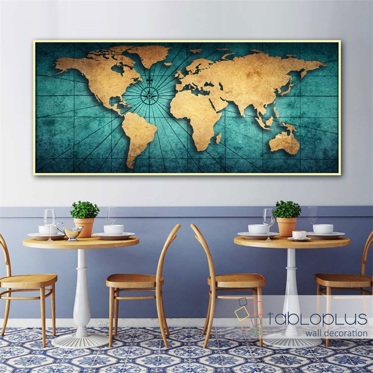 Pusula Dünya Haritası Kanvas Tablo