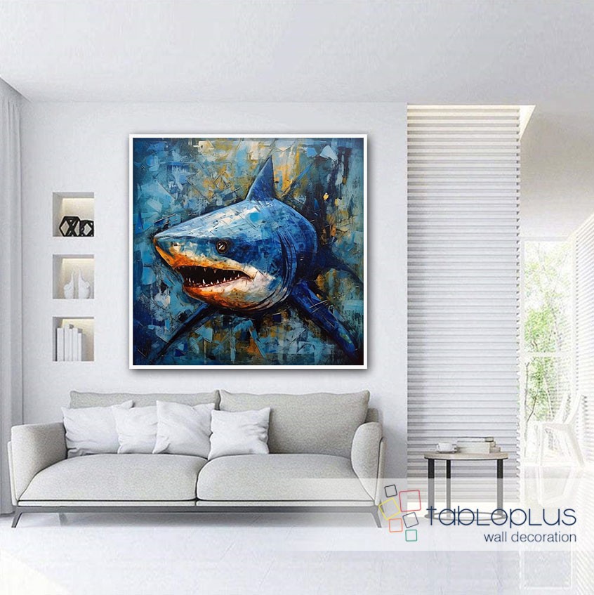 Mavi Köpekbalığı Yağlı Boya Dokulu Tablo