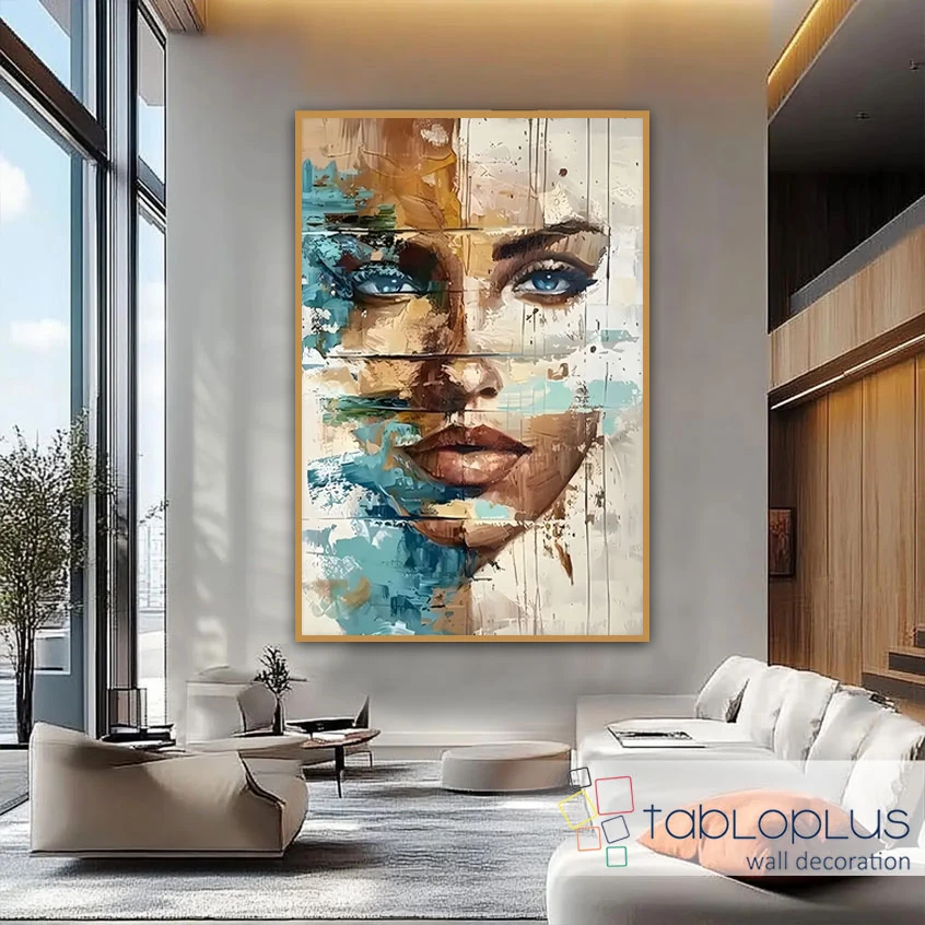 Mavi Gözlü Soyut Kadın Yüzü Yağlı Boya Dokulu Tablo