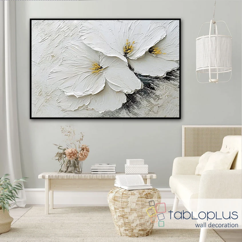 2 White Flowers 3d Yoğun Yağlı Boya Dokulu Tablo