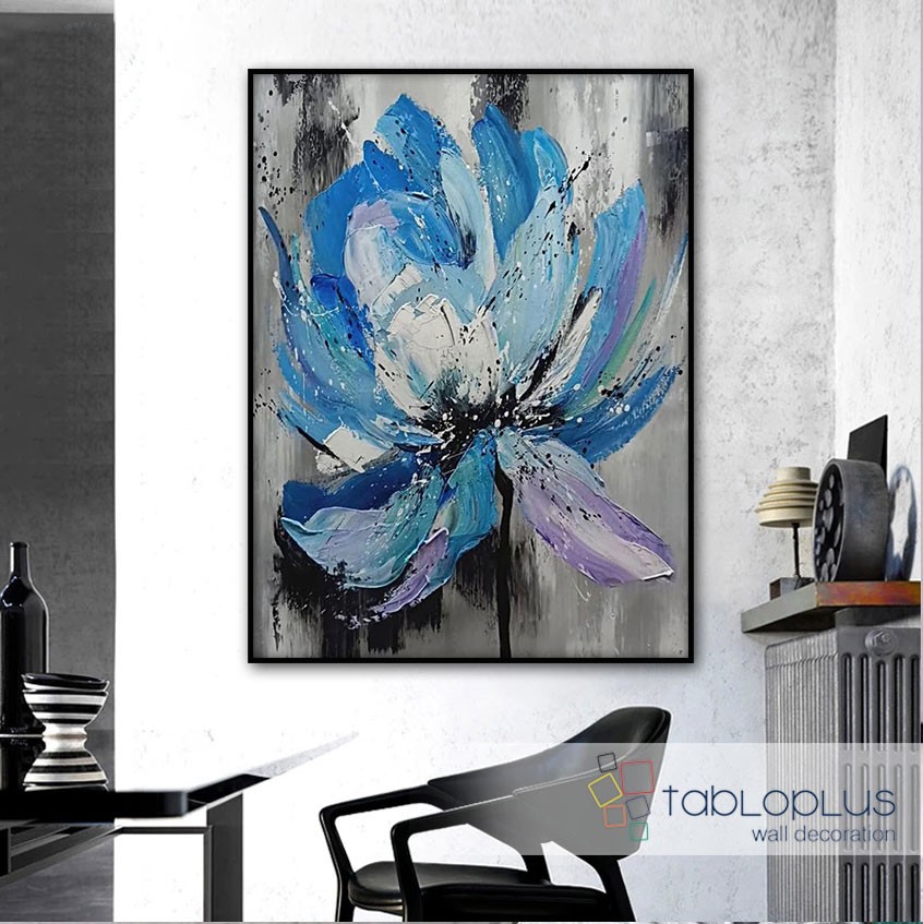 Abstract Blue Flower Yağlı Boya Dokulu Tablo