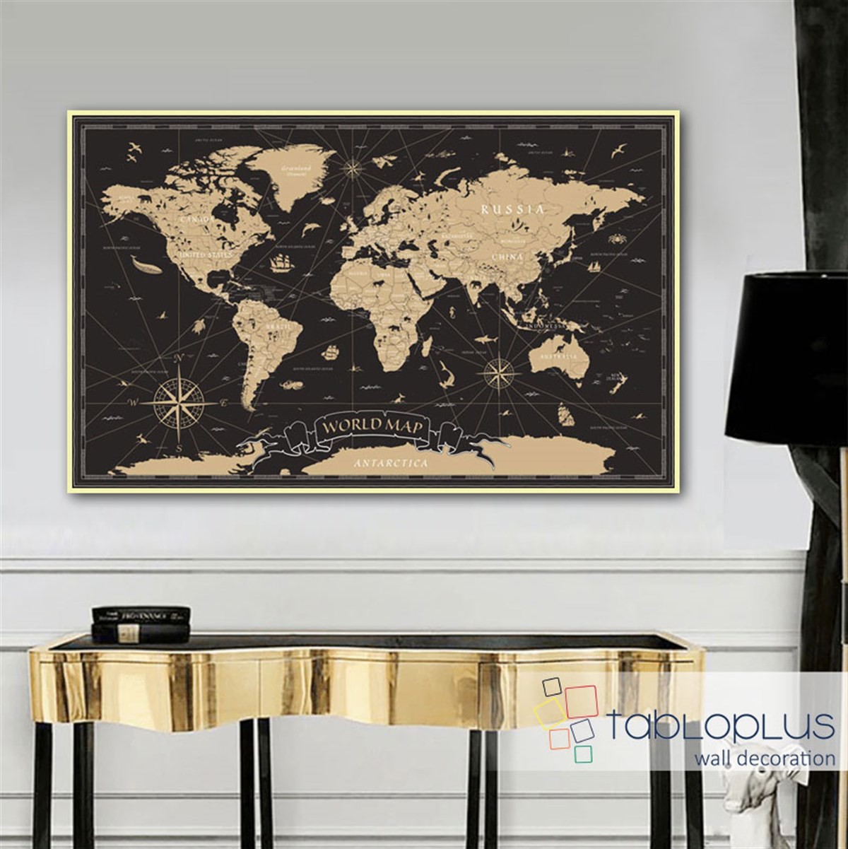 Siyah Dünya Haritası Kanvas Tablo