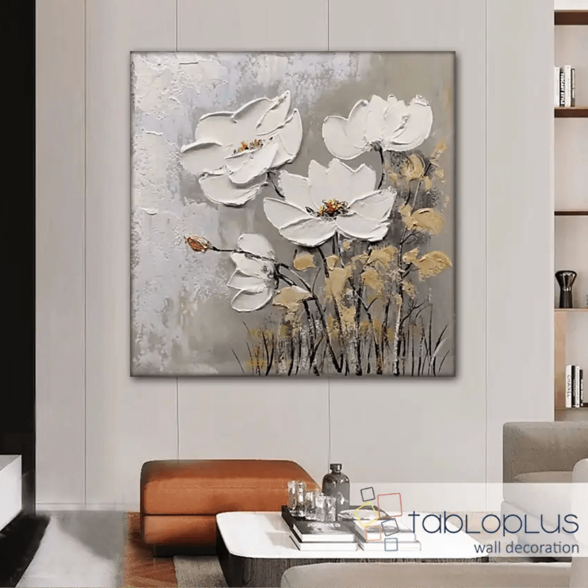 Beyaz Gold Çiçekler 3d Yoğun Yağlı Boya Dokulu Tablo