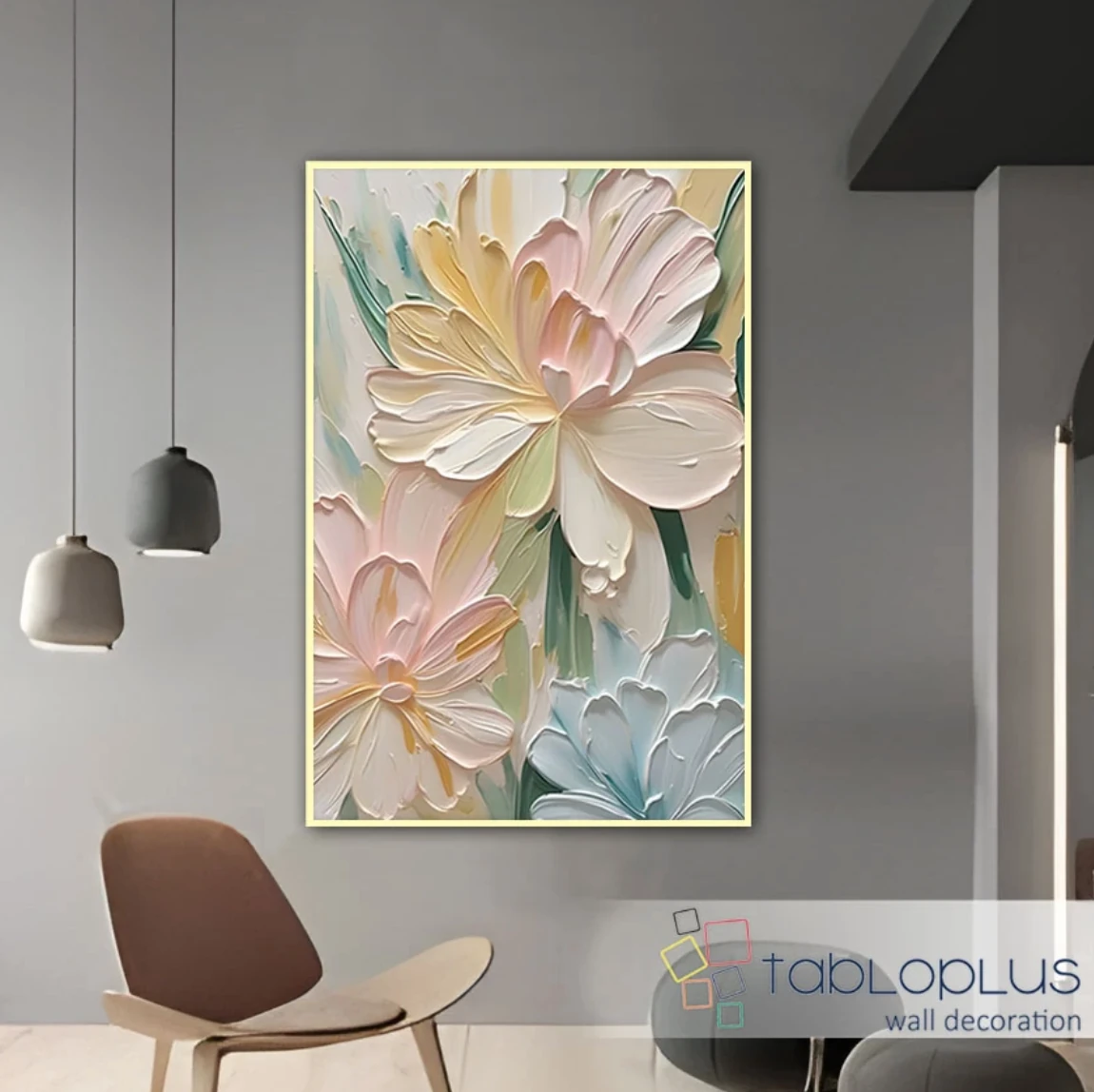 Toz Pembe Çiçekler 3d Yoğun Yağlı Boya Dokulu Tablo