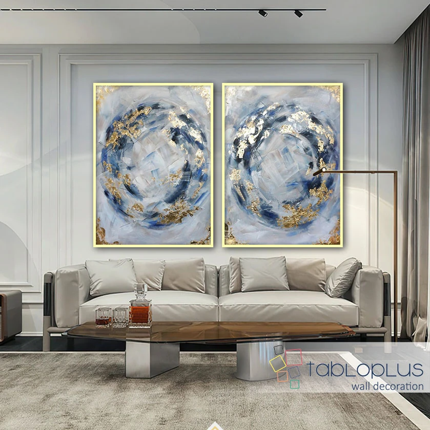 Abstact Navy with Gold Foil İkili Yağlı Boya Dokulu Tablo