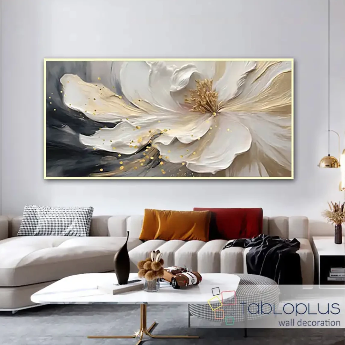 White with Gold Flower 3d Yoğun Yağlı Boya Dokulu Tablo