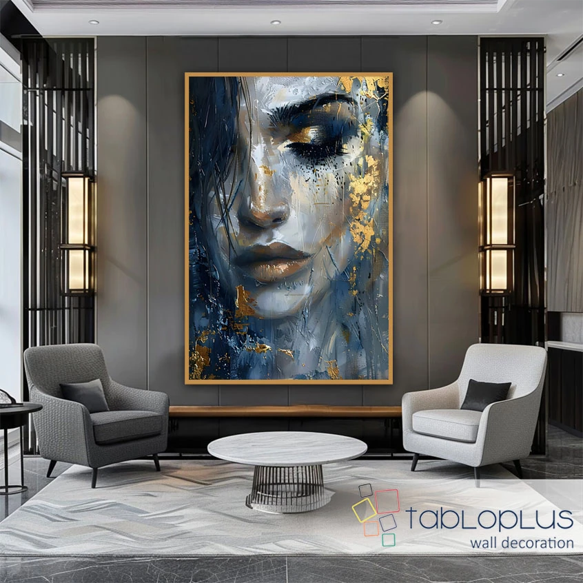 Mavi Altın Saçlı Kadın 3d Yoğun Yağlı Boya Dokulu Tablo