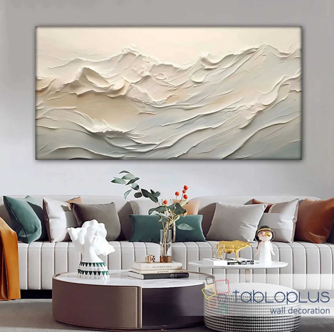 Krem Dalgalar 3d Yoğun Yağlı Boya Dokulu Tablo