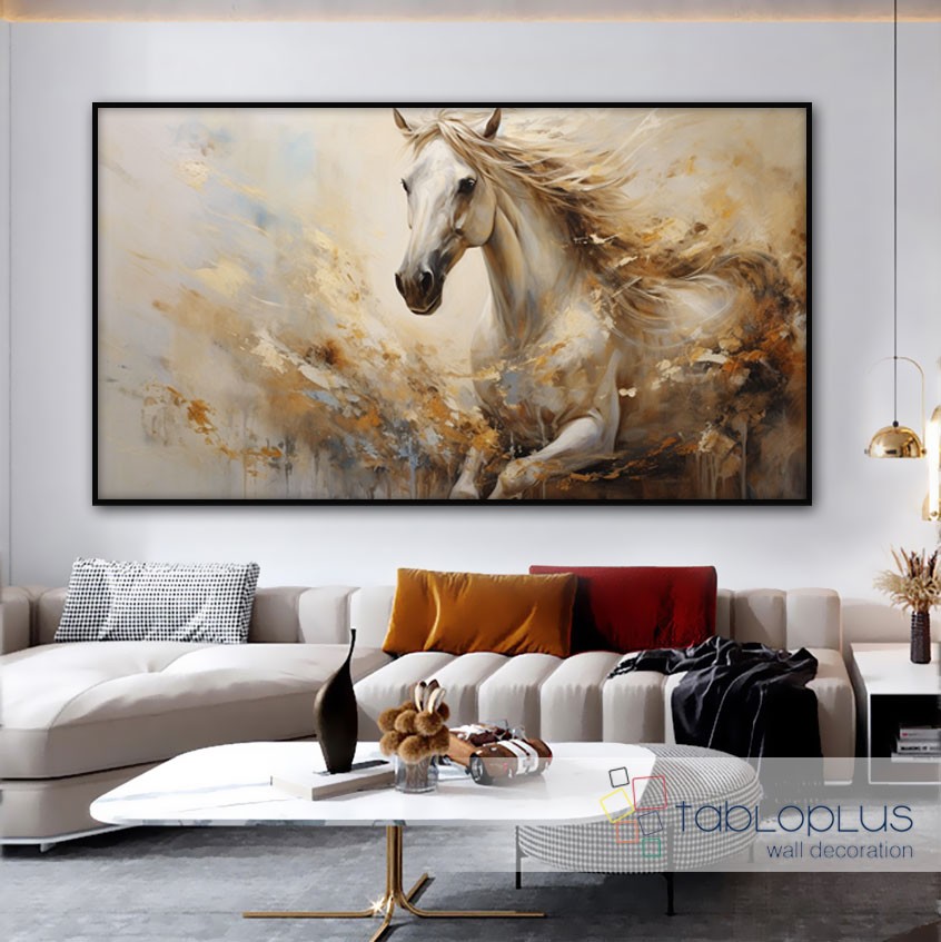 Gold Varaklı Beyaz At Yağlı Boya Dokulu Tablo