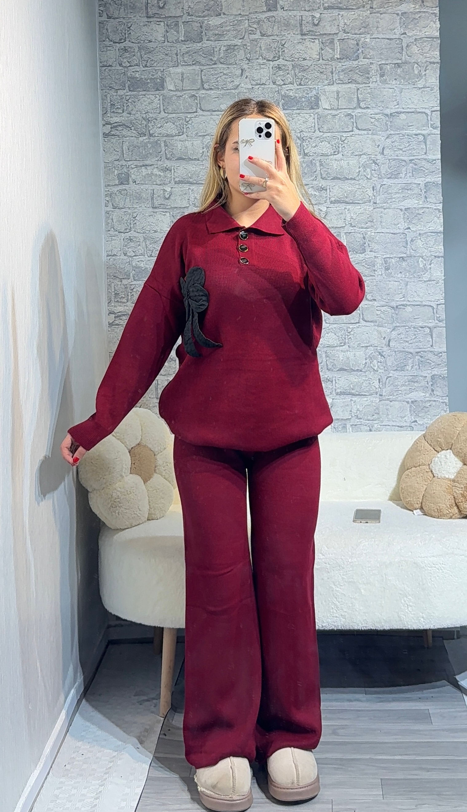 Triko Çiçek Detaylı Triko Takım - Bordo