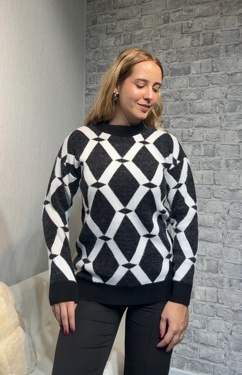 Şeritli Triko Kazak - Siyah