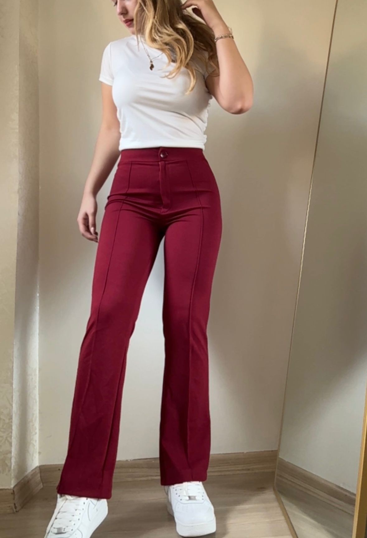 Yüksek Bel Likralı Krep Kumaş Pantolon - Bordo