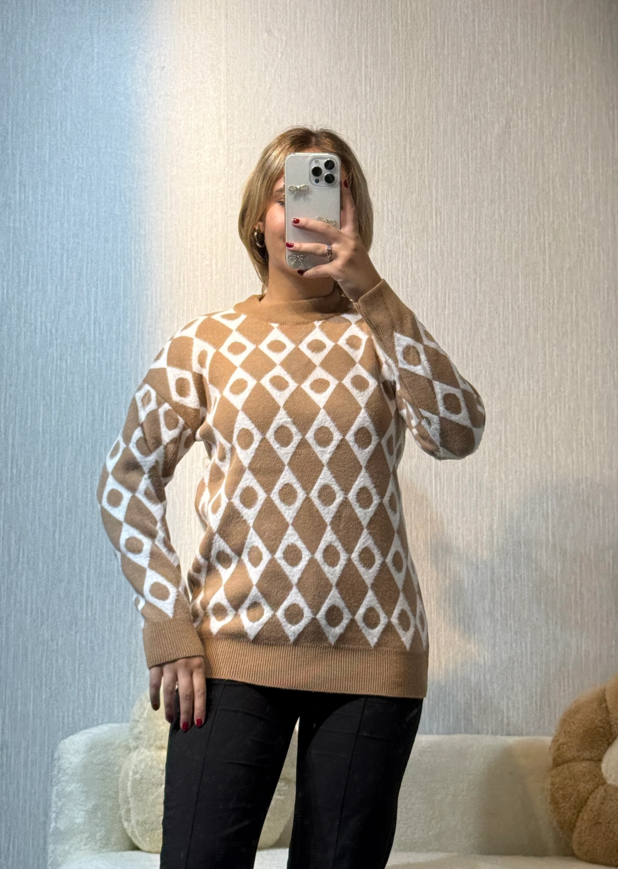 Baklava Desen Triko Kazak - Camel