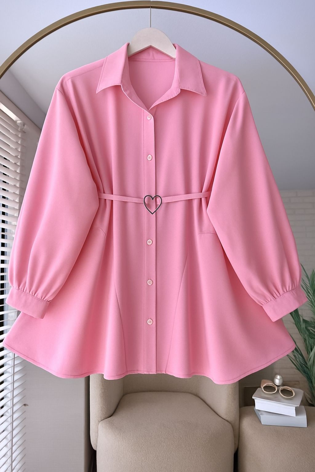 Kalp Bağlamalı Tunik Gömlek - Pembe