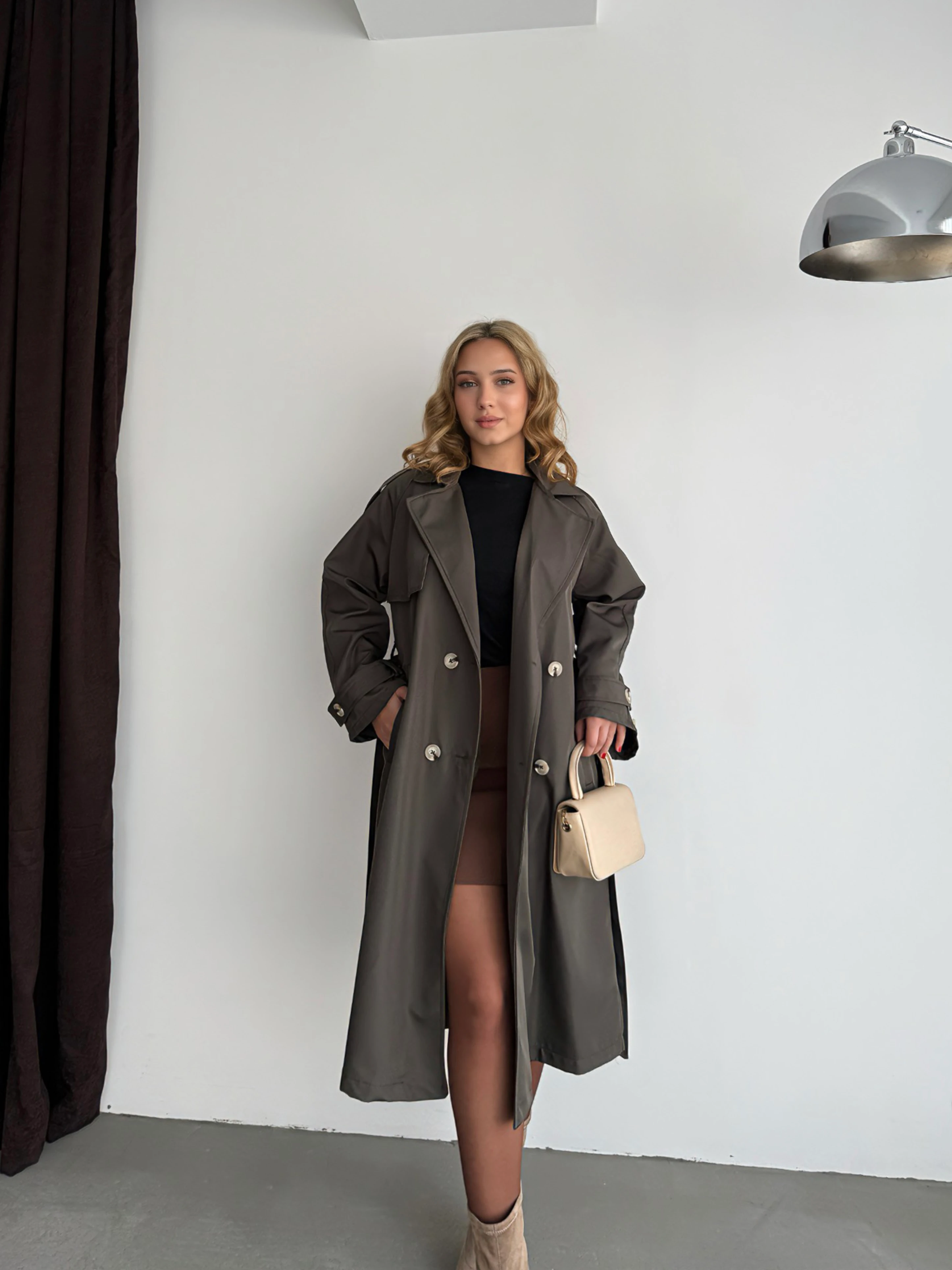 Tasarım Kolu Kemerli Trençkot - Haki