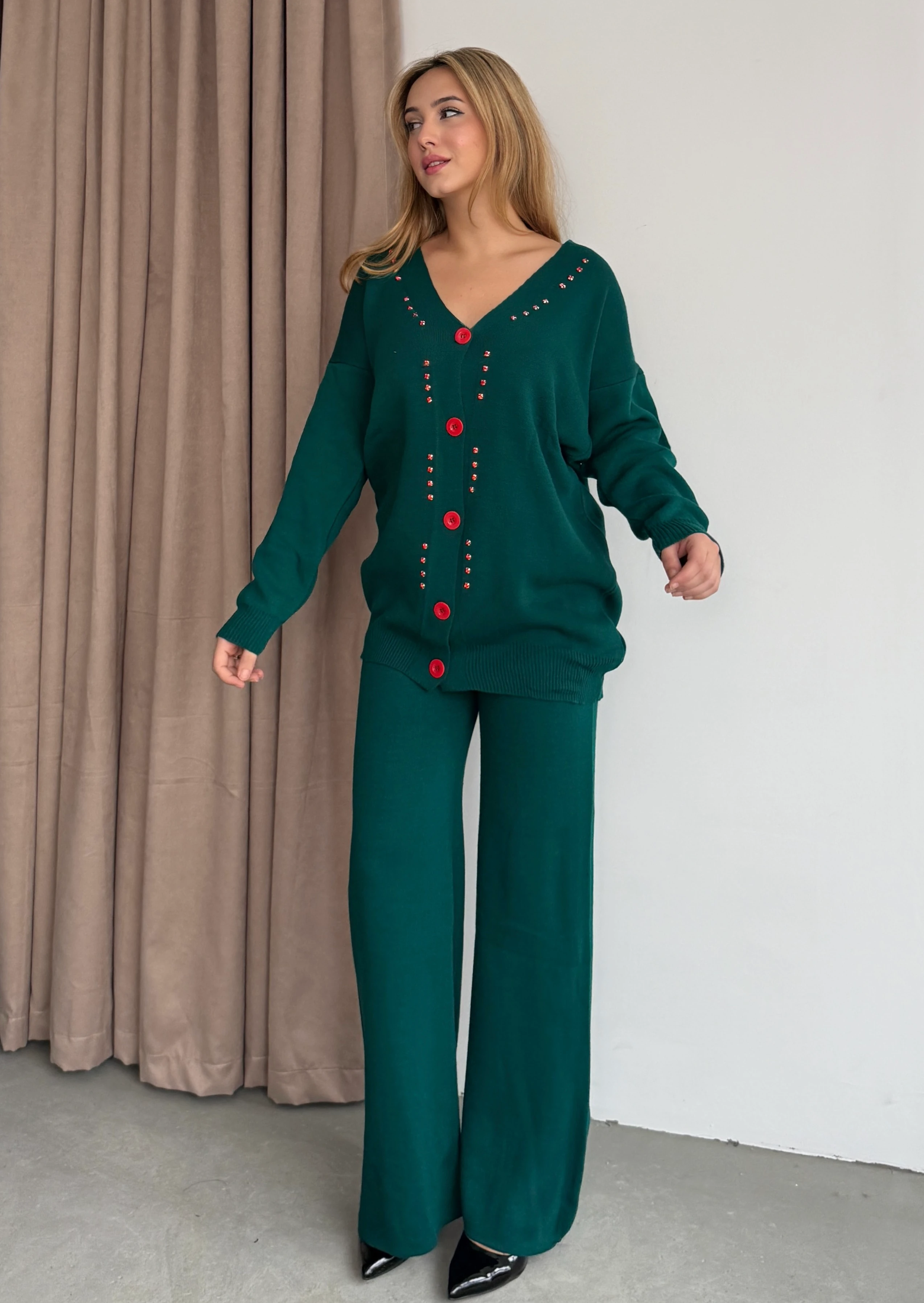 Taşlı Hırkalı Takım - Zümrüt Yeşili