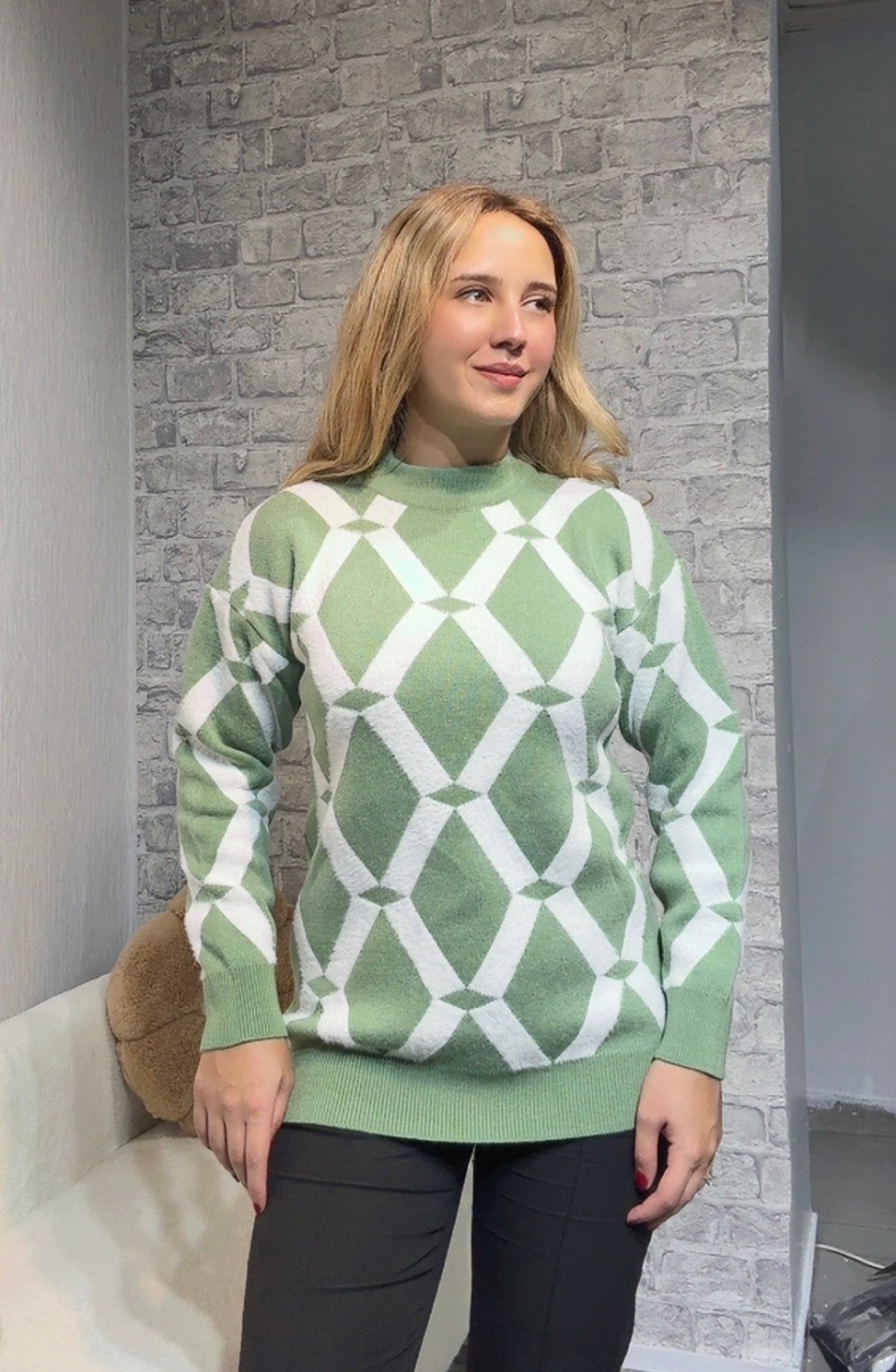 Şeritli Triko Kazak - Mint Yeşili