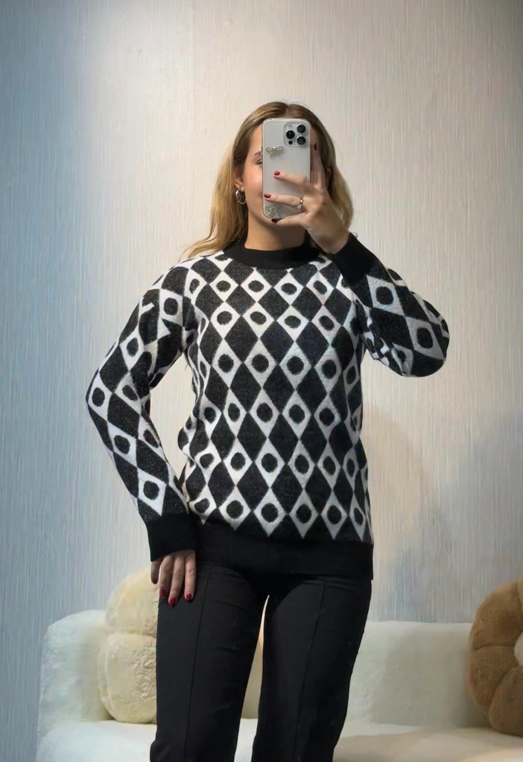 Baklava Desen Triko Kazak - Siyah