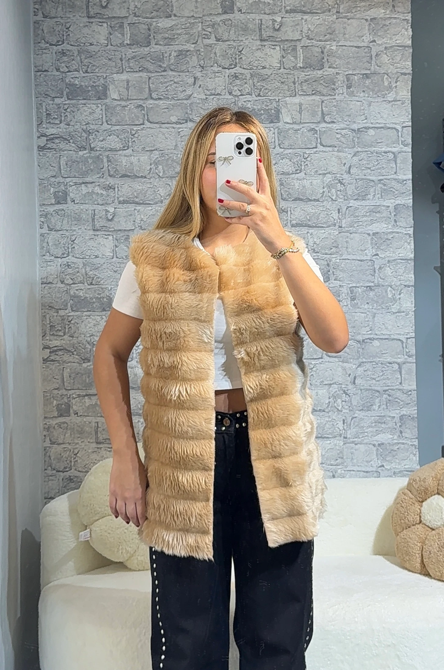 Peluş Kürk Yelek - Bej