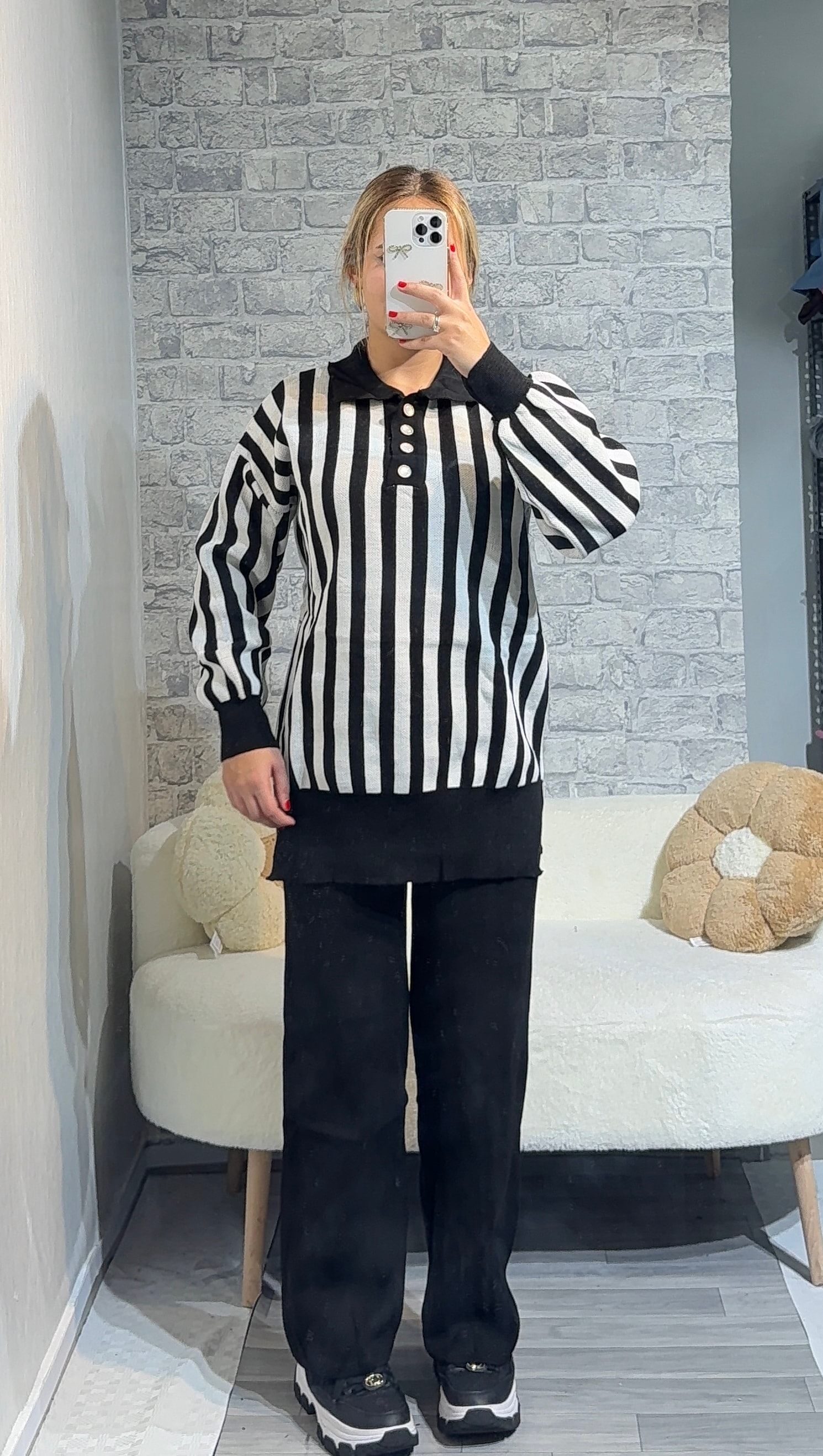 Boydan Çizgili Triko Takım - Siyah