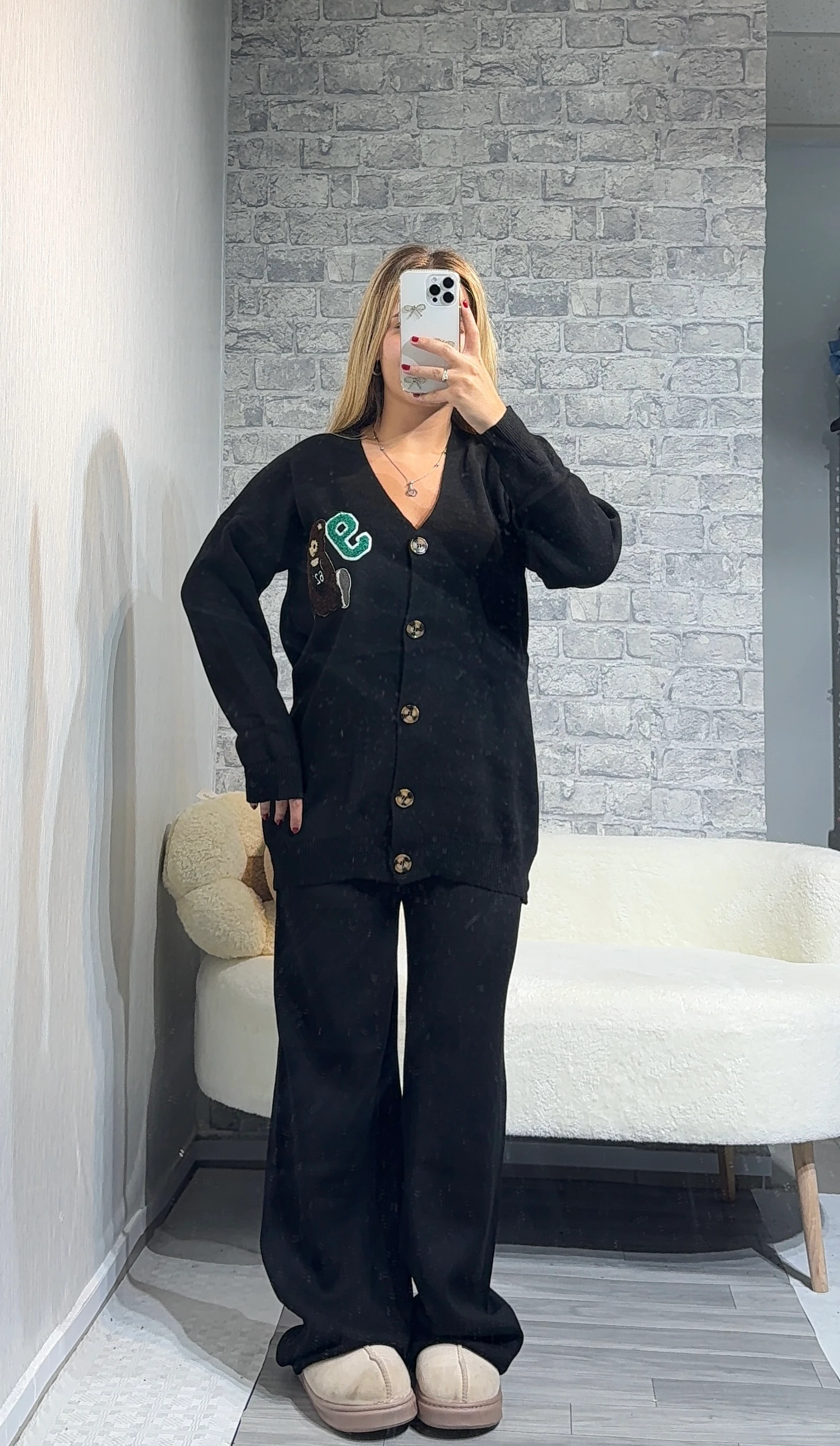 Teddy Bear Hırkalı Triko Takım - Siyah