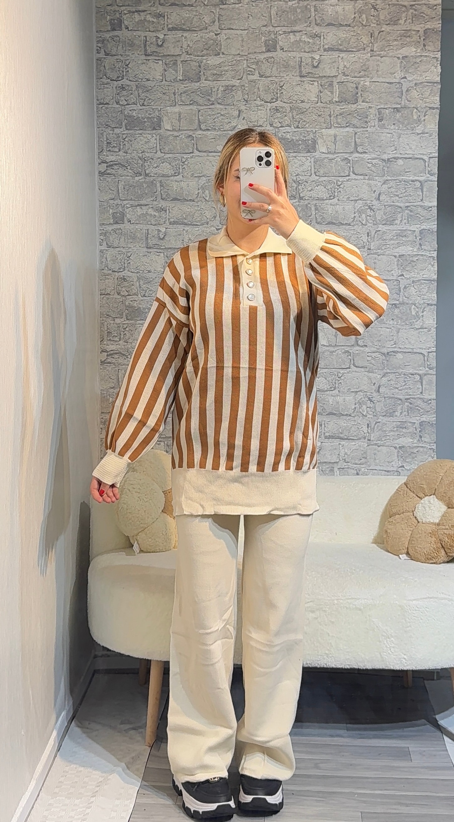 Boydan Çizgili Triko Takım - Bej