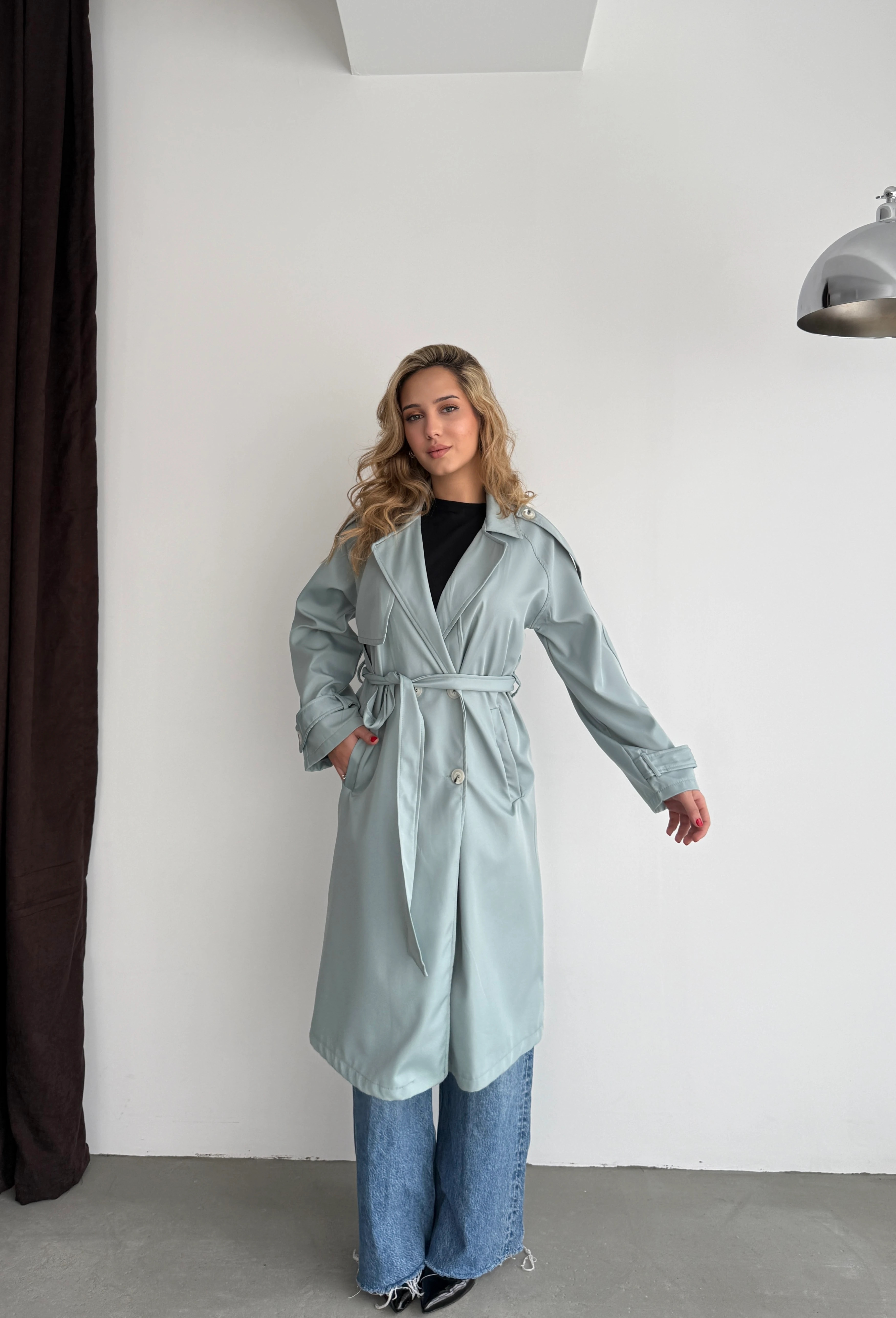 Tasarım Kolu Kemerli Trençkot - Su Yeşili