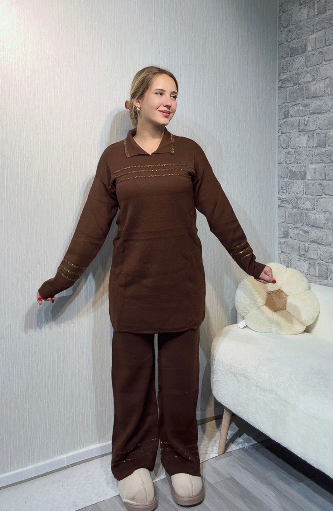 Anje Desenli Simli Triko Takım - Kahverengi