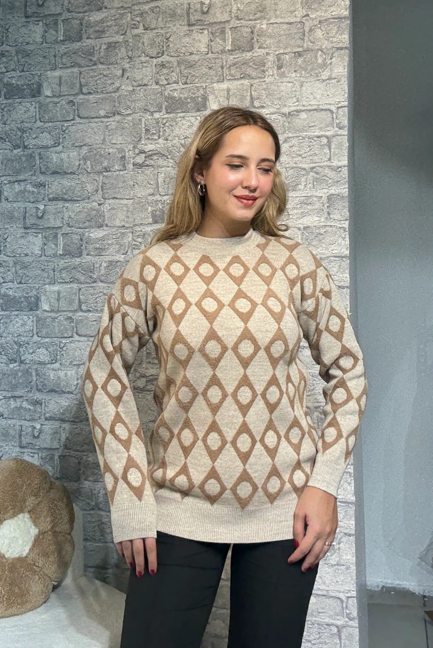 Baklava Desen Triko Kazak - Bej